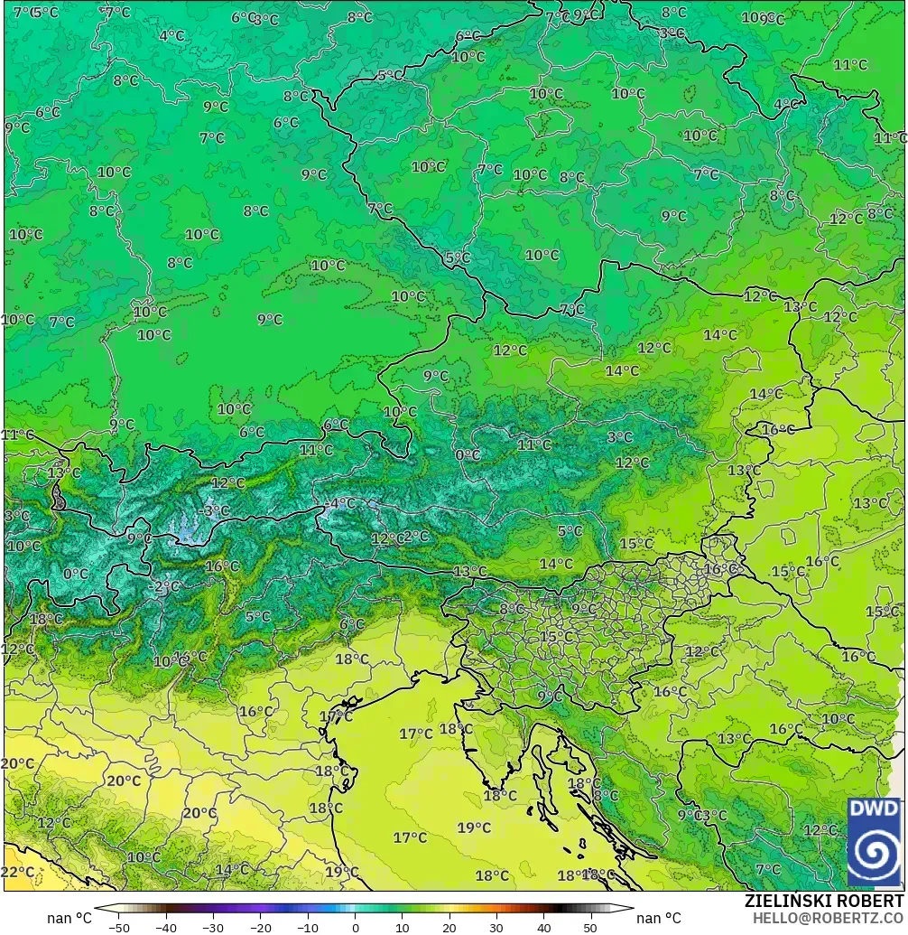 ICON Alemania 2 km modelo - Austria, Temperatura a 850 hPa