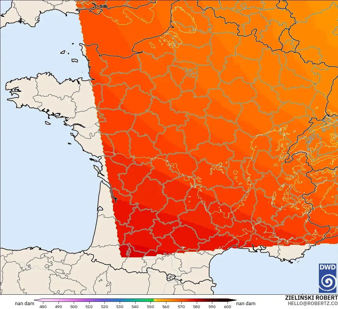 ICON Alemania 2 km modelo - Francia, Altura geopotencial a 500 hPa