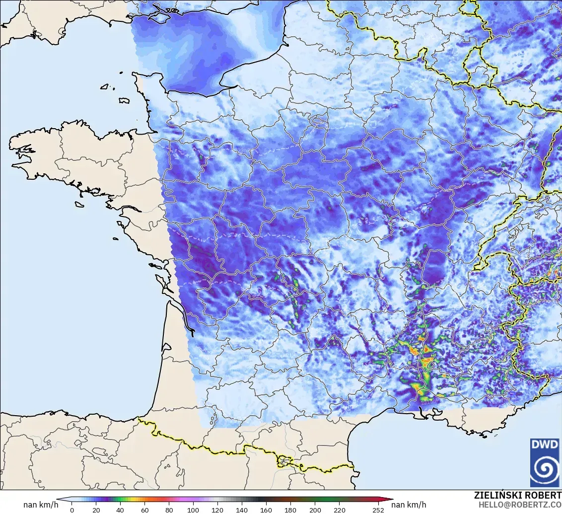 ICON Alemania 2 km modelo - Francia, Ráfagas de viento
