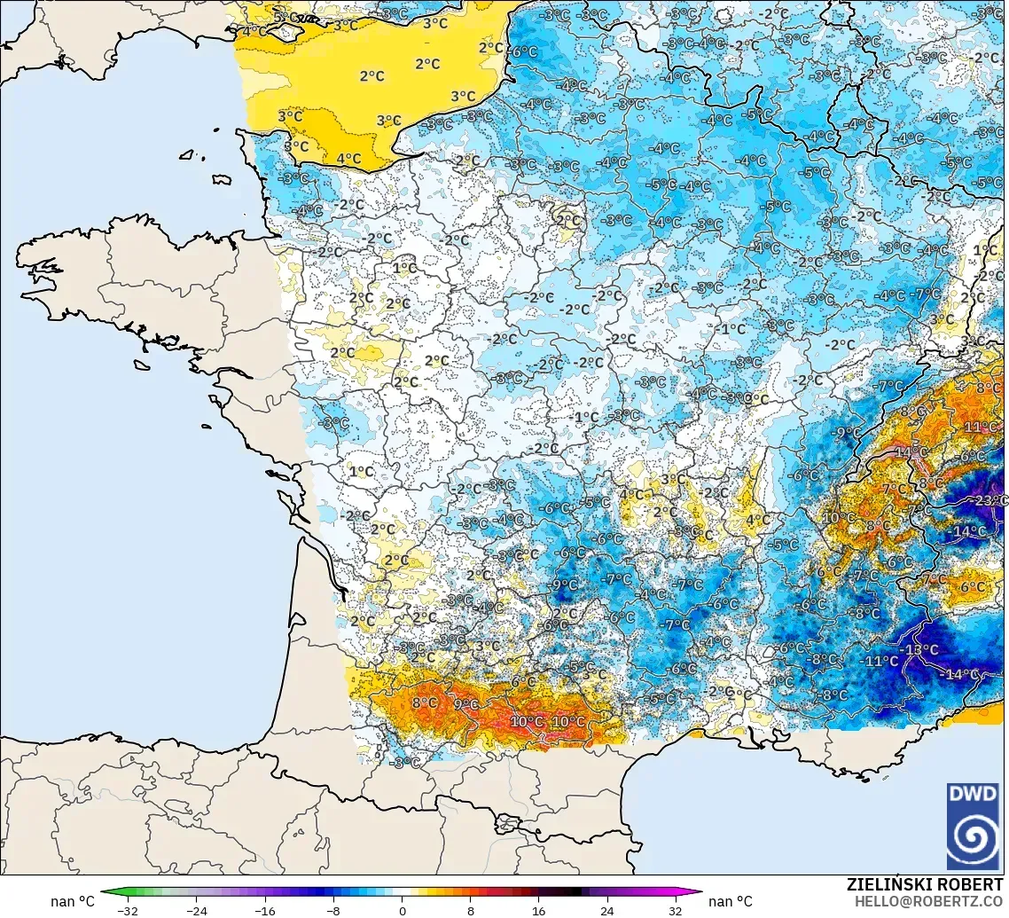 ICON Alemania 2 km modelo - Francia, Anomalía de temperatura a 2 m