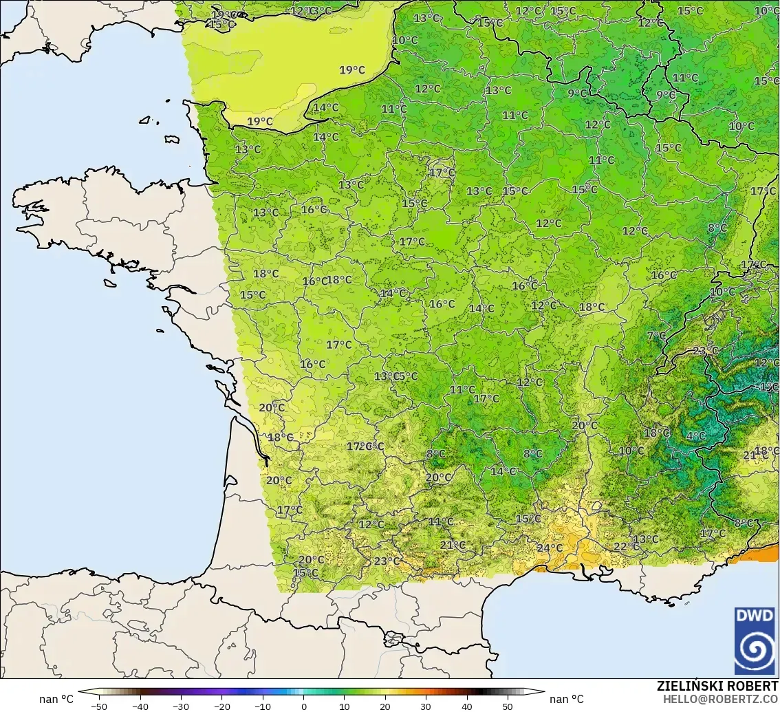ICON Alemania 2 km modelo - Francia, Temperatura a 2 m