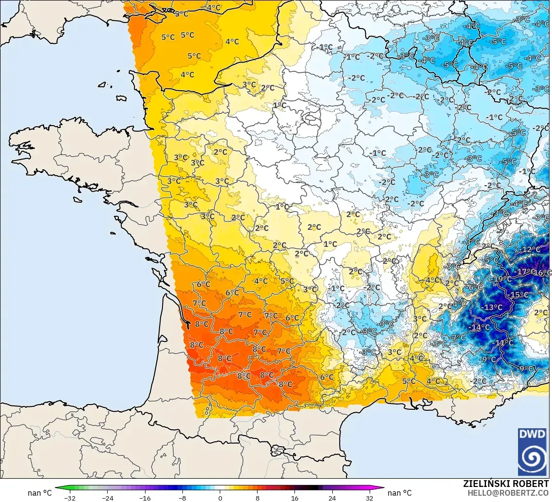 ICON Alemania 2 km modelo - Francia, Anomalía de temperatura a 850 hPa