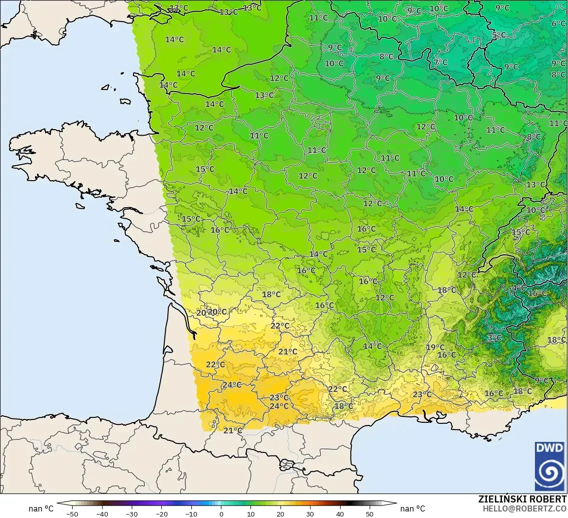 ICON Alemania 2 km modelo - Francia, Temperatura a 850 hPa