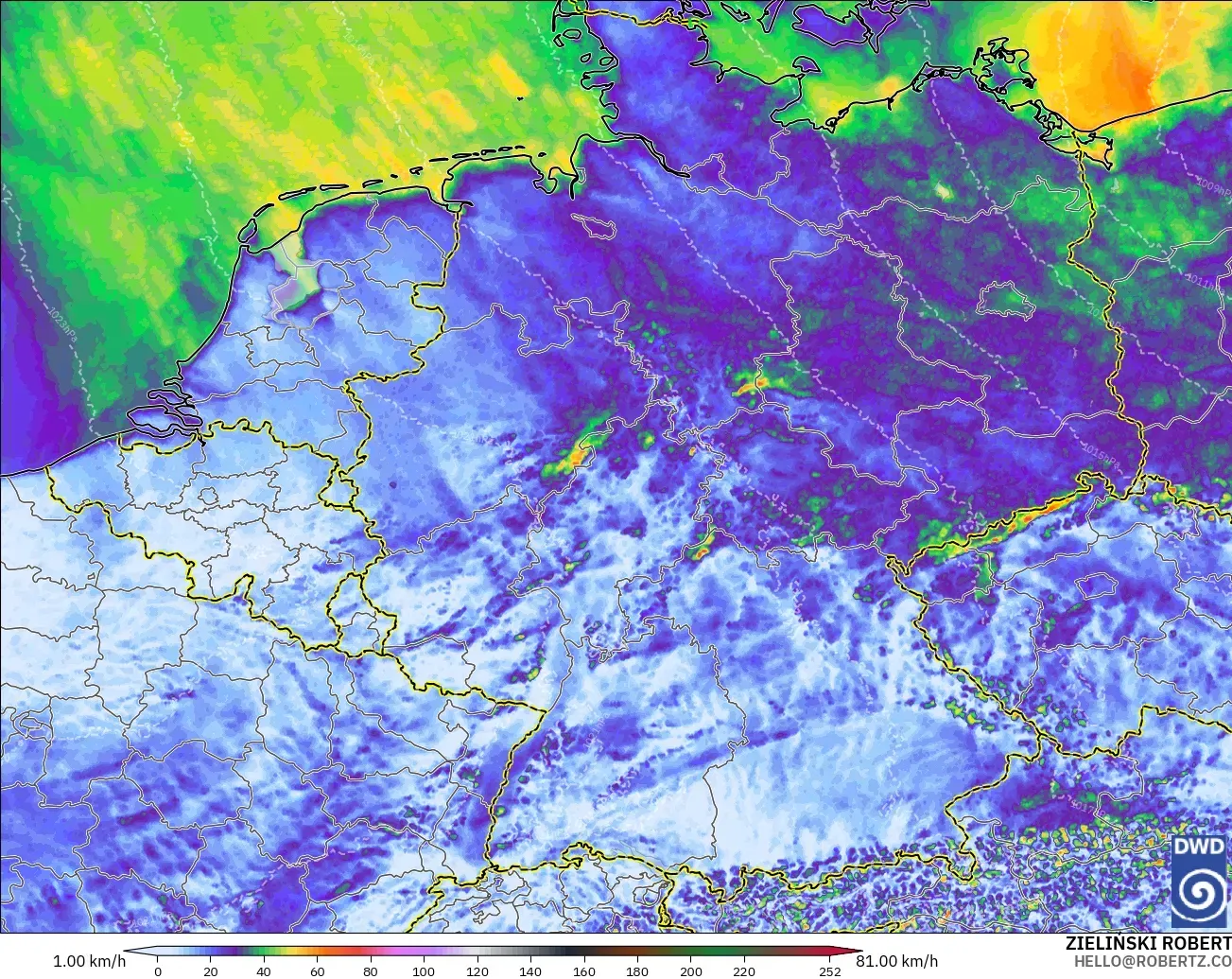 ICON Alemania 2 km modelo - Alemania, Ráfagas de viento