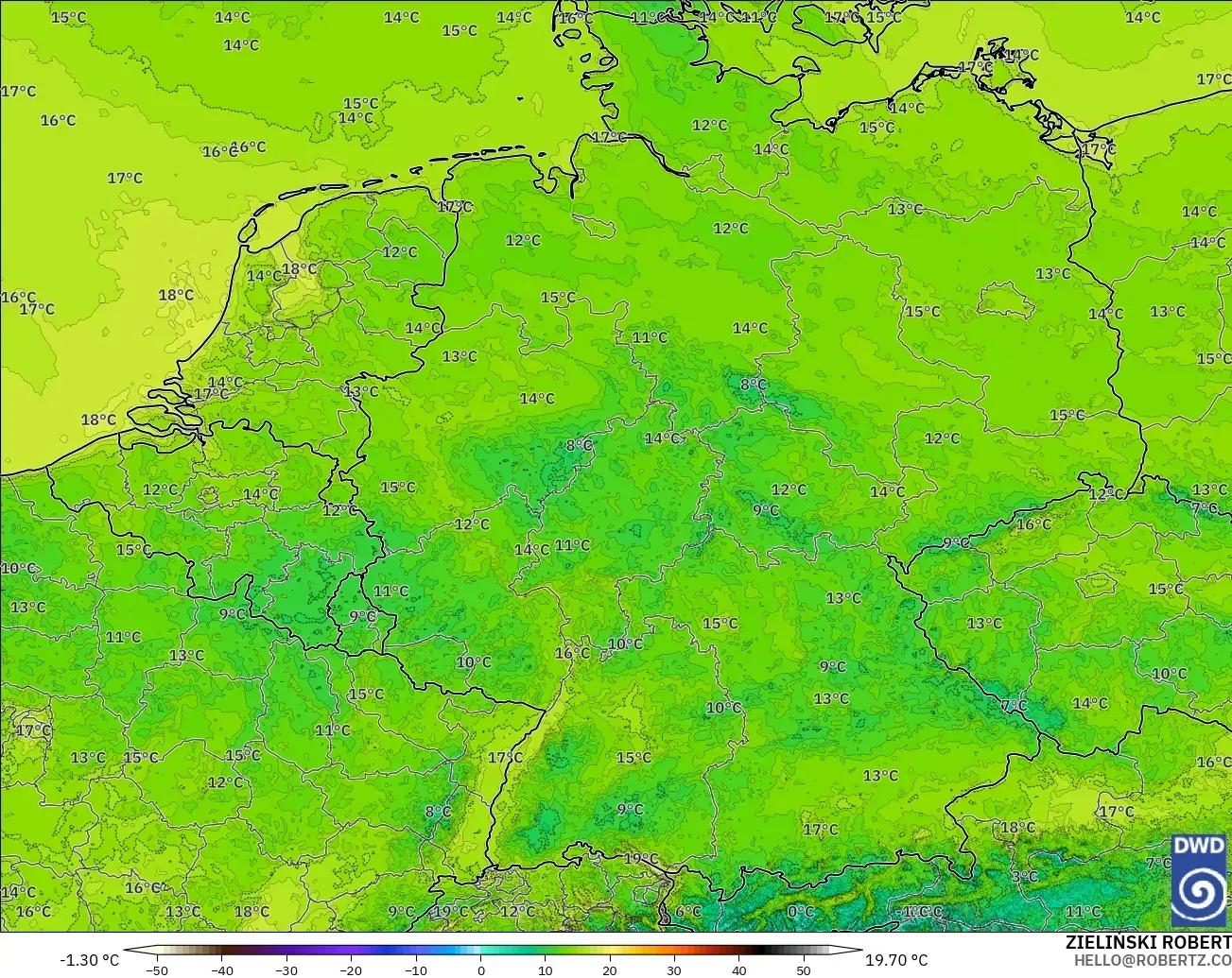 ICON Alemania 2 km modelo - Alemania, Temperatura a 2 m