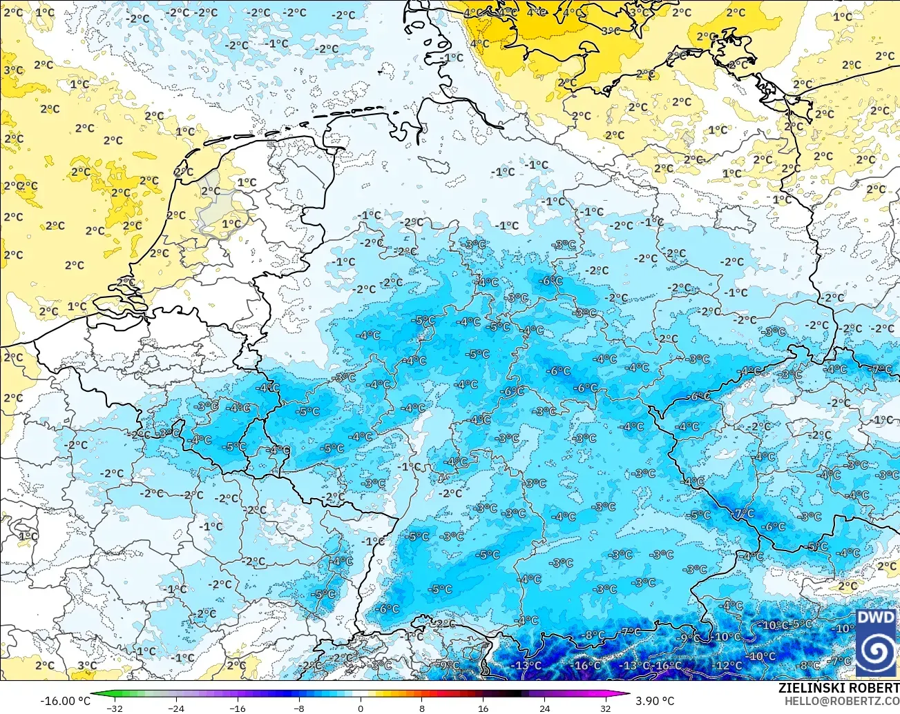 ICON Alemania 2 km modelo - Alemania, Anomalía de temperatura a 850 hPa