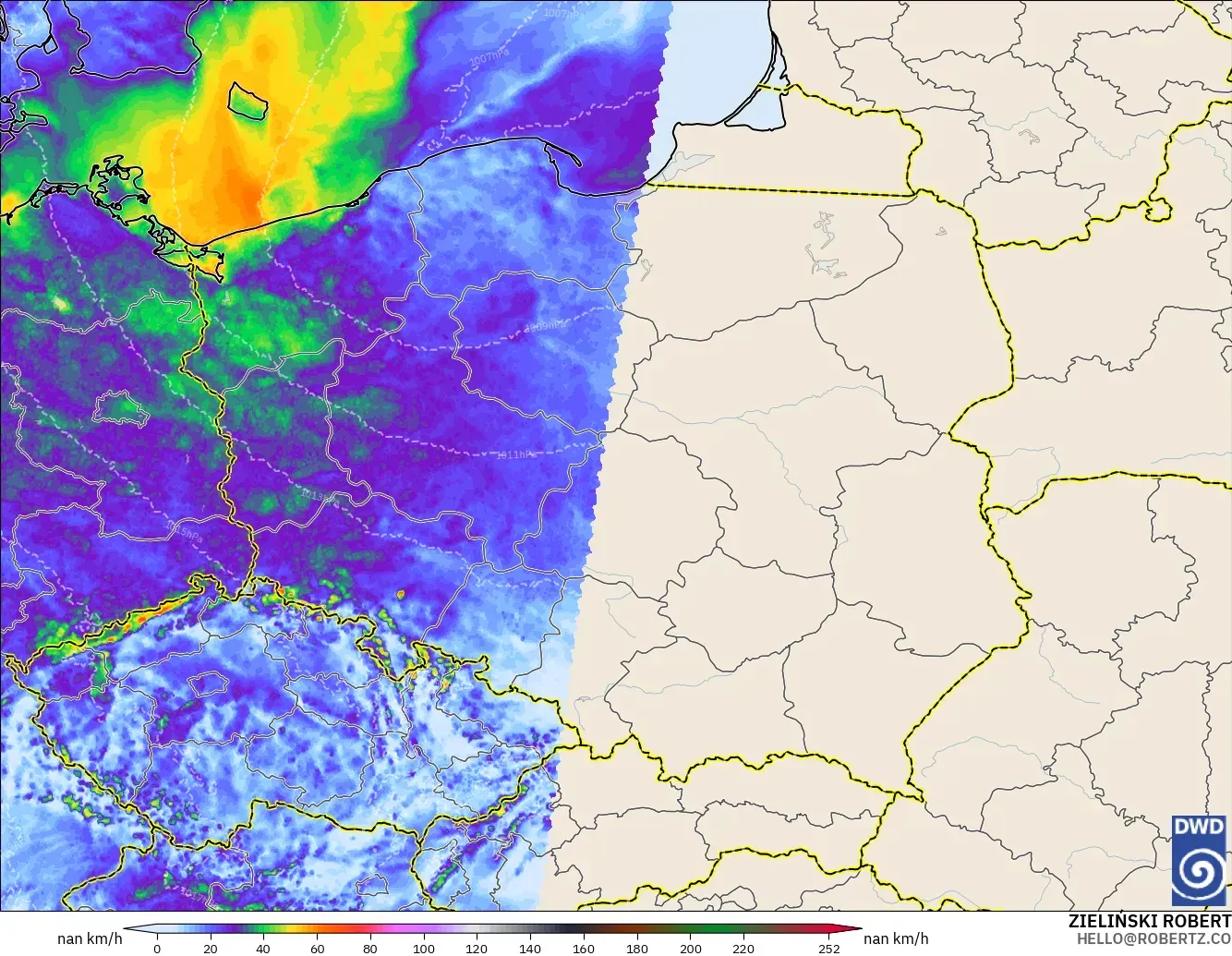ICON Alemania 2 km modelo - Polonia, Ráfagas de viento