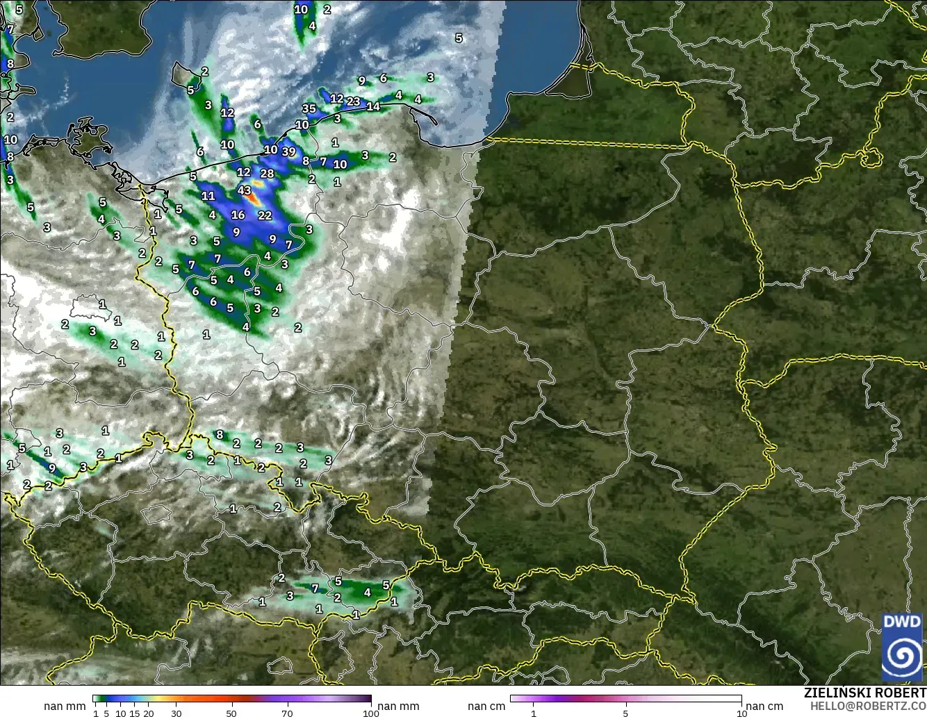 ICON Alemania 2 km modelo - Polonia, Precipitación, nubes y presión