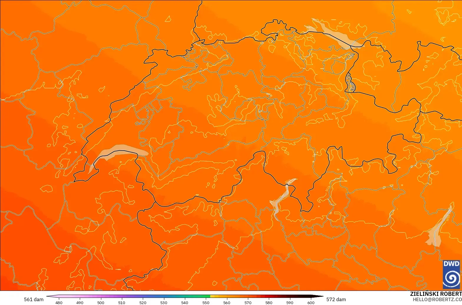 ICON Alemania 2 km modelo - Suiza, Altura geopotencial a 500 hPa