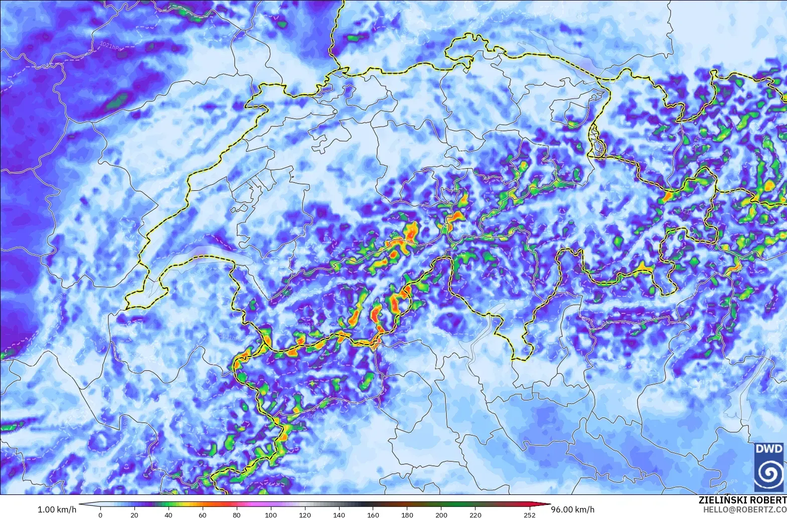ICON Alemania 2 km modelo - Suiza, Ráfagas de viento