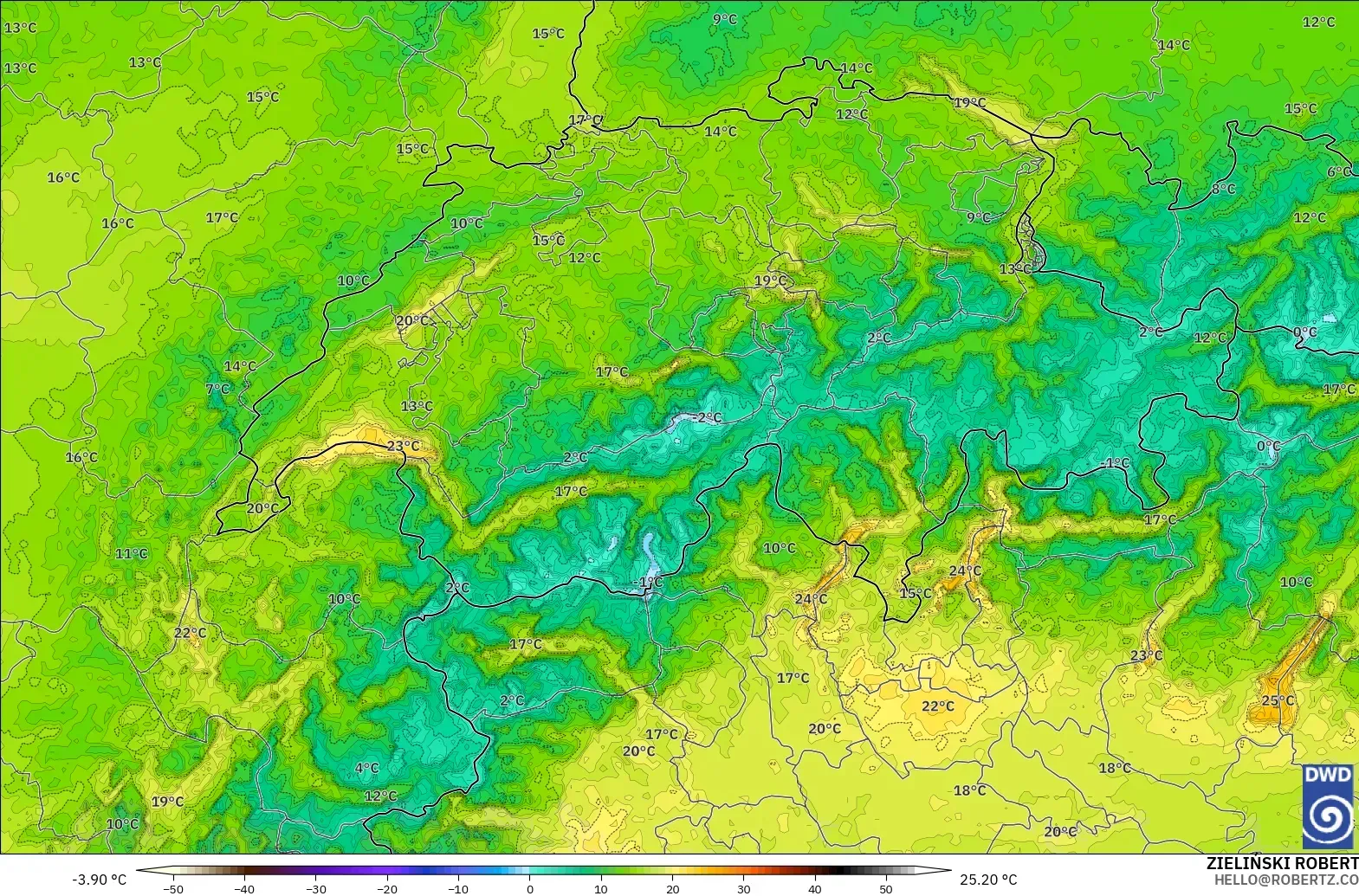 ICON Alemania 2 km modelo - Suiza, Temperatura a 2 m