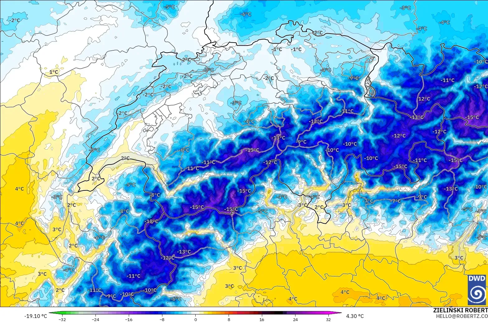 ICON Alemania 2 km modelo - Suiza, Anomalía de temperatura a 850 hPa
