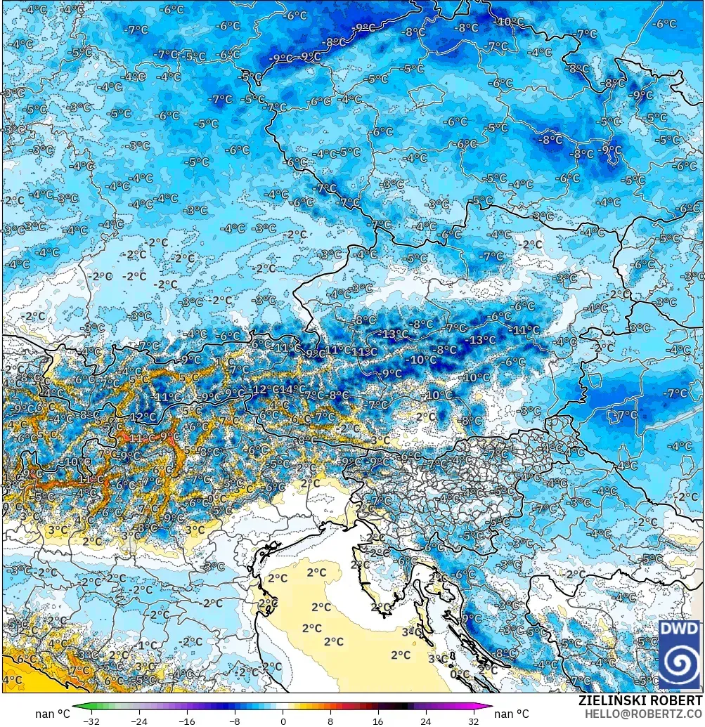 ICON Alemania 2 km modelo - Austria, Anomalía de temperatura a 2 m