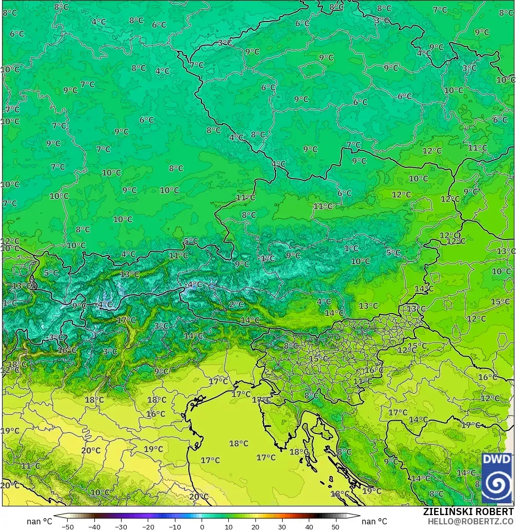 ICON Alemania 2 km modelo - Austria, Temperatura a 850 hPa