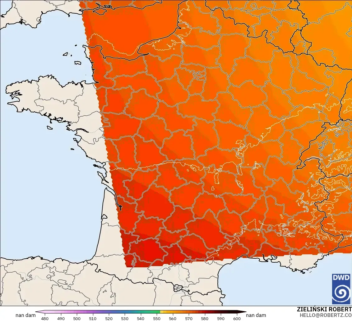 ICON Alemania 2 km modelo - Francia, Altura geopotencial a 500 hPa
