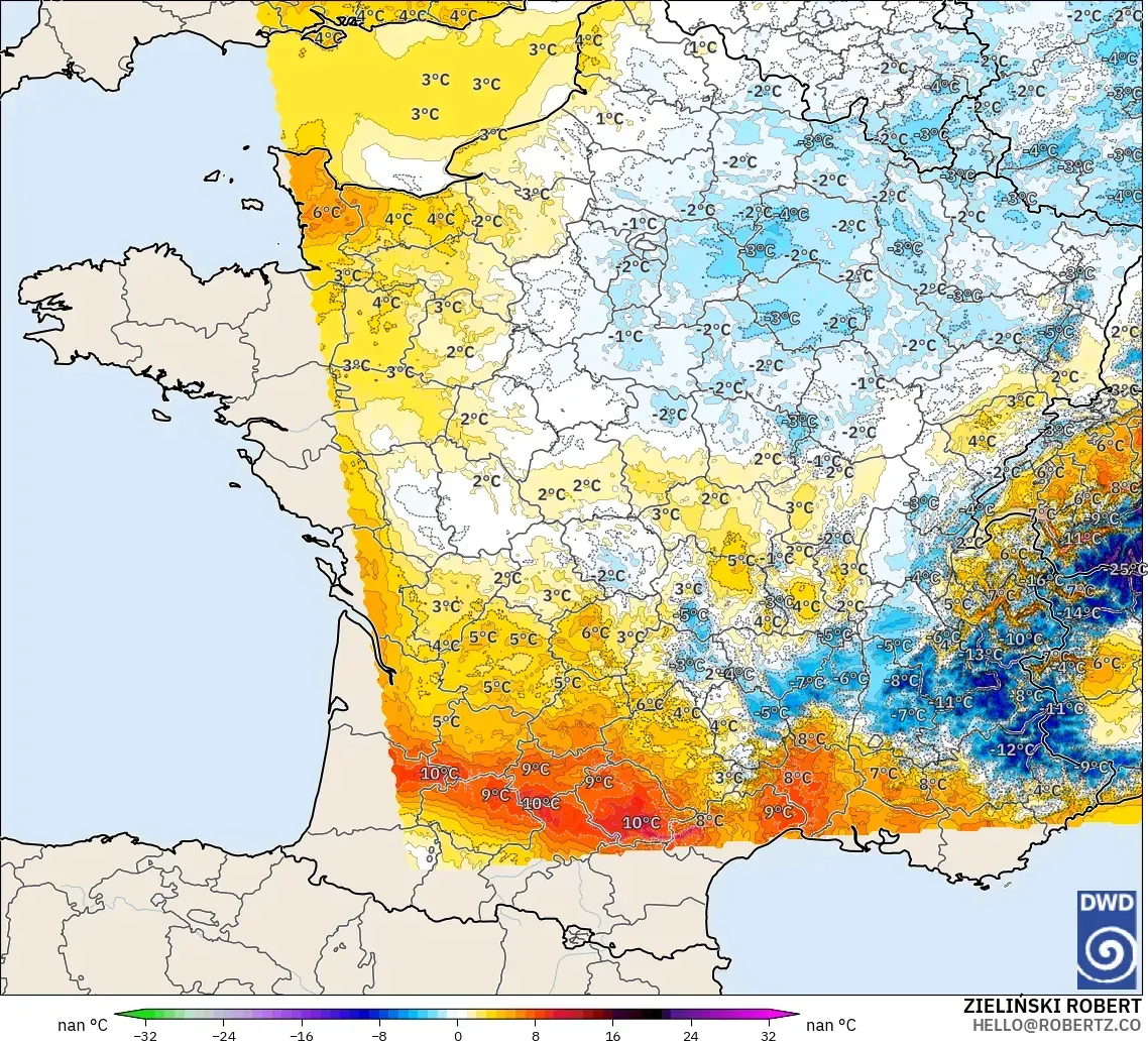 ICON Alemania 2 km modelo - Francia, Anomalía de temperatura a 2 m