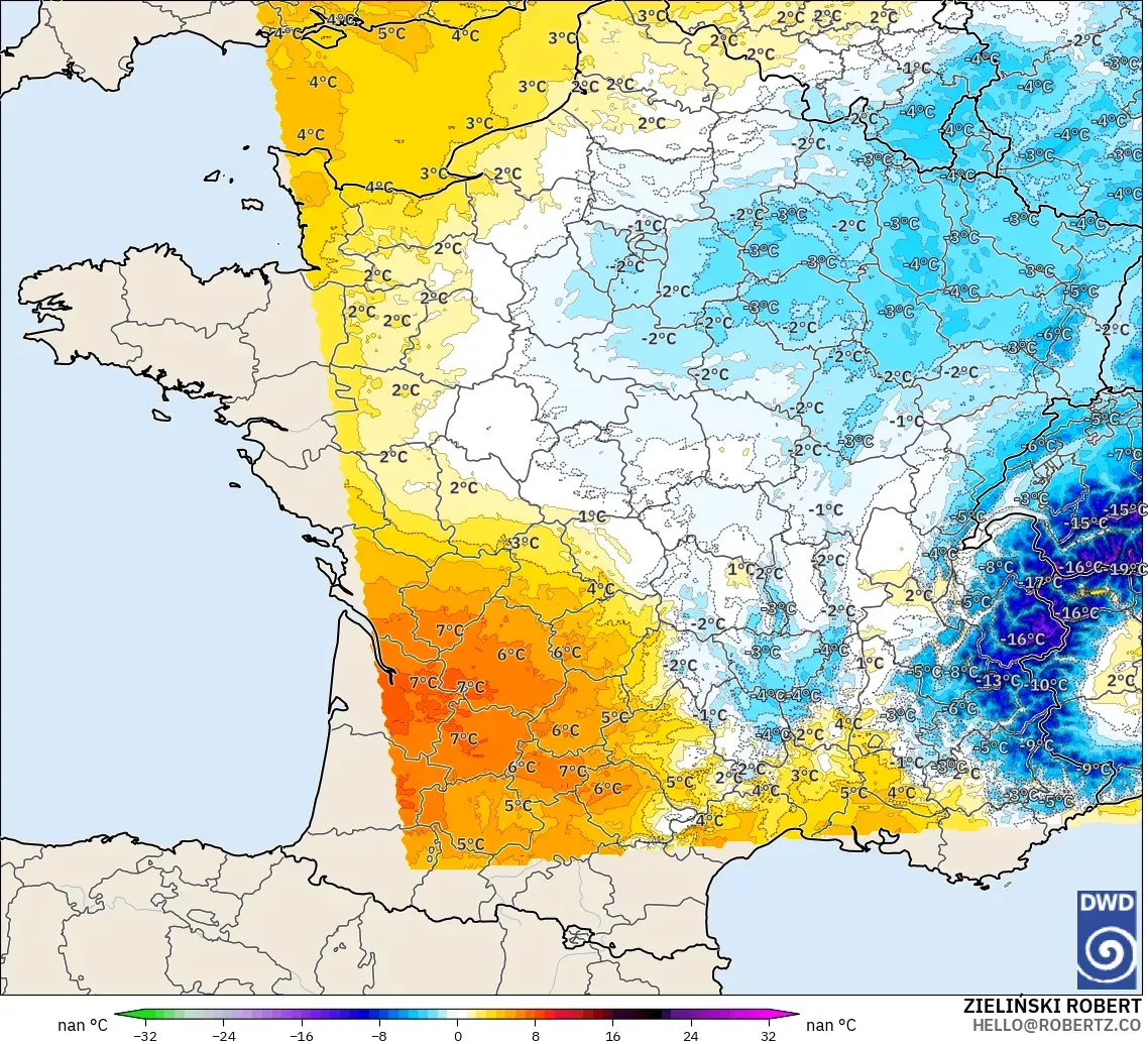 ICON Alemania 2 km modelo - Francia, Anomalía de temperatura a 850 hPa