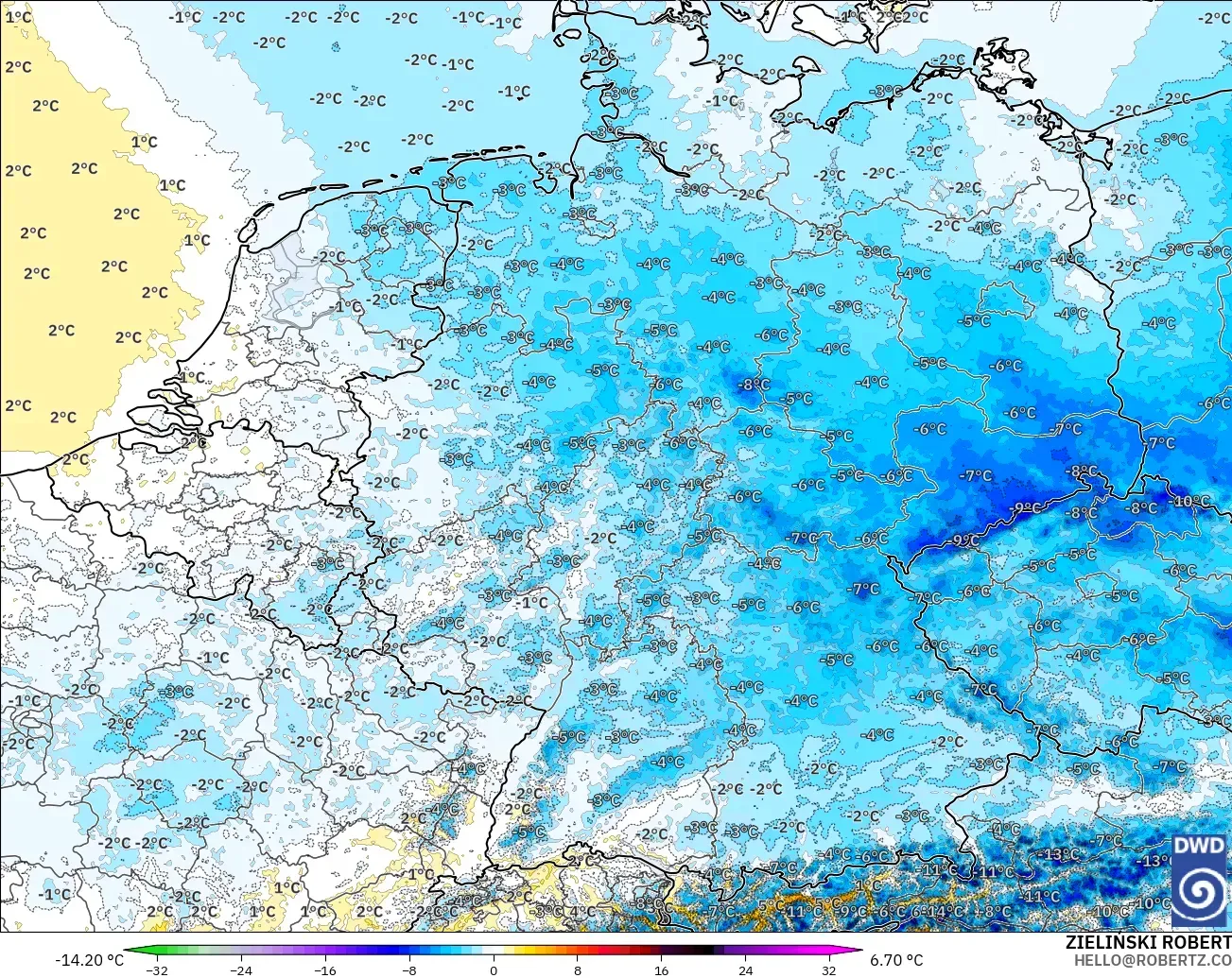 ICON Alemania 2 km modelo - Alemania, Anomalía de temperatura a 2 m