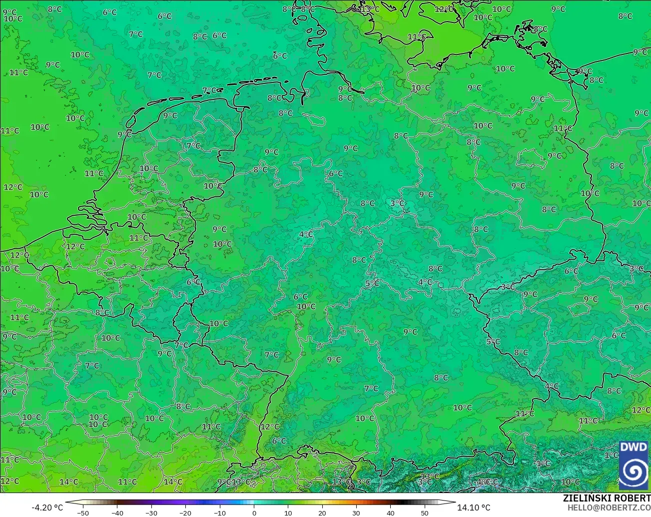 ICON Alemania 2 km modelo - Alemania, Temperatura a 850 hPa