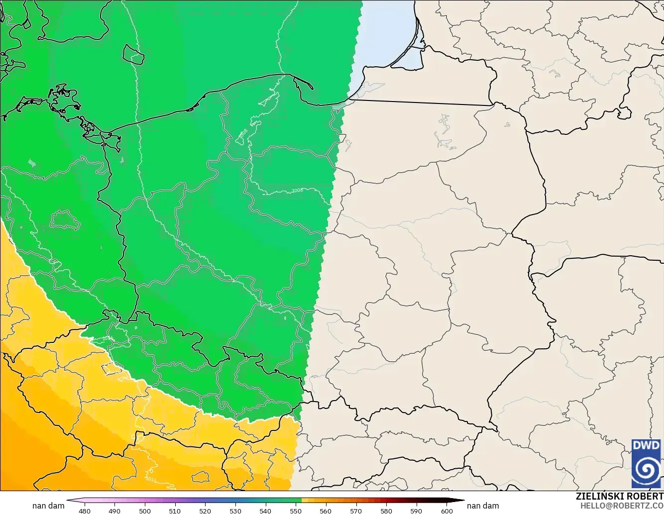 ICON Alemania 2 km modelo - Polonia, Altura geopotencial a 500 hPa