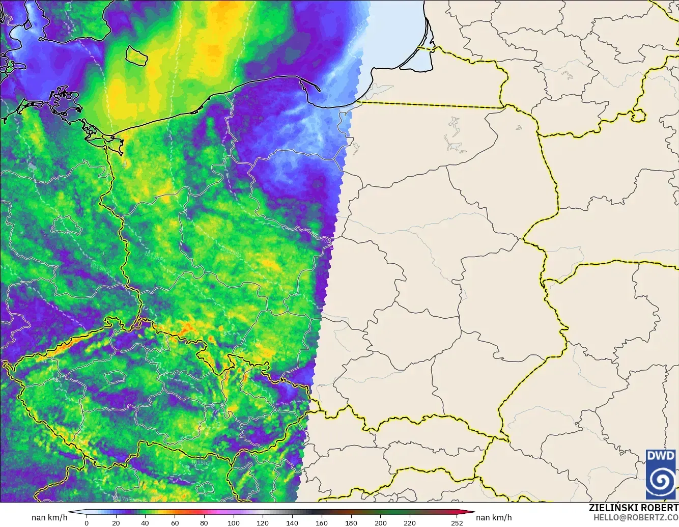 ICON Alemania 2 km modelo - Polonia, Ráfagas de Viento Máximas
