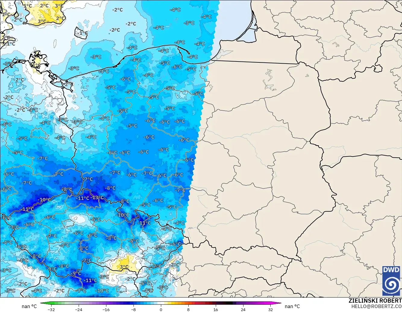 ICON Alemania 2 km modelo - Polonia, Anomalía de temperatura a 2 m