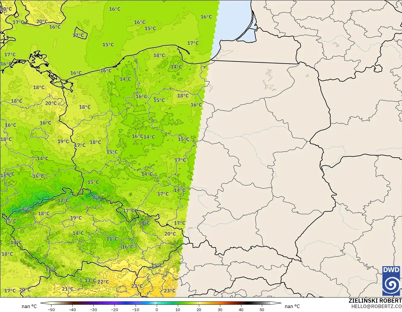 ICON Alemania 2 km modelo - Polonia, Temperatura a 2 m
