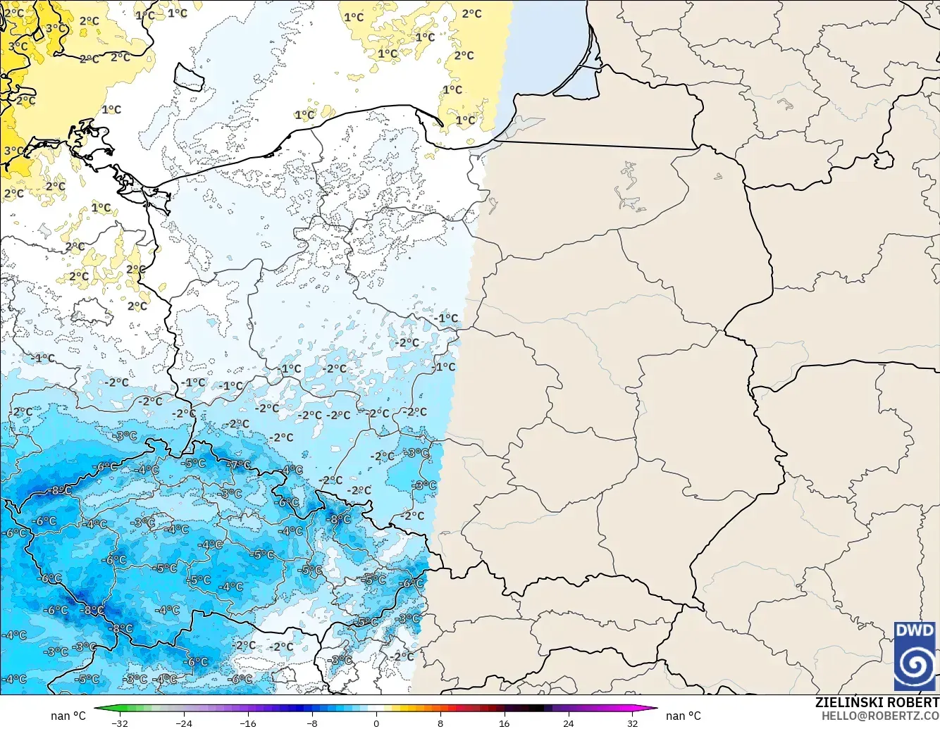 ICON Alemania 2 km modelo - Polonia, Anomalía de temperatura a 850 hPa