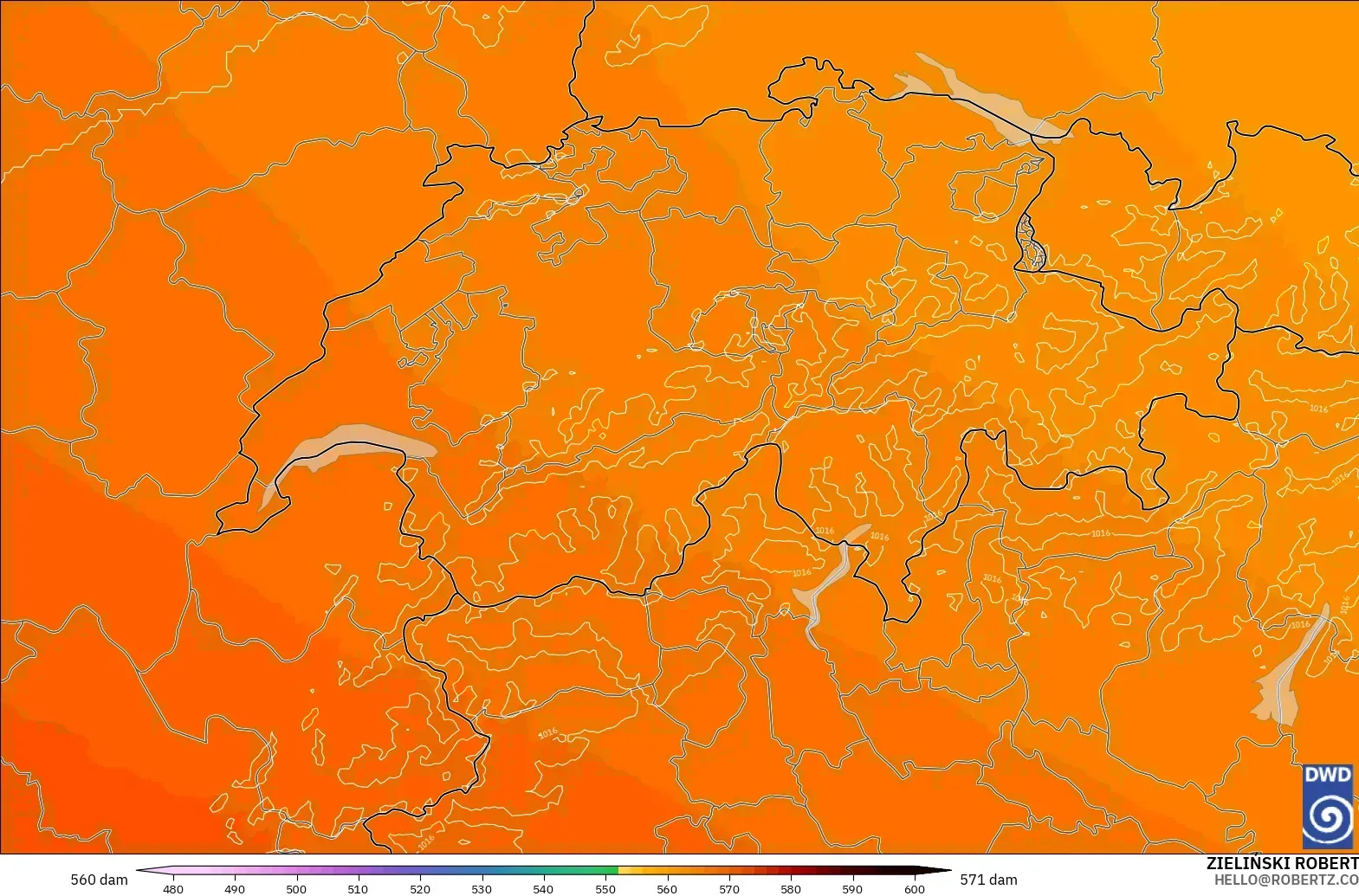 ICON Alemania 2 km modelo - Suiza, Altura geopotencial a 500 hPa