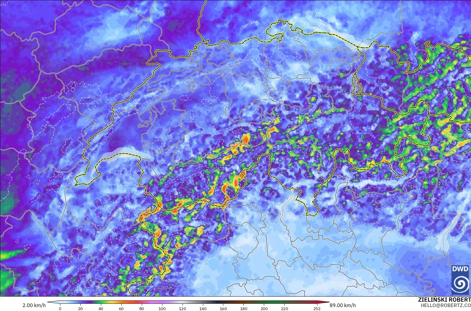 ICON Alemania 2 km modelo - Suiza, Ráfagas de Viento Máximas