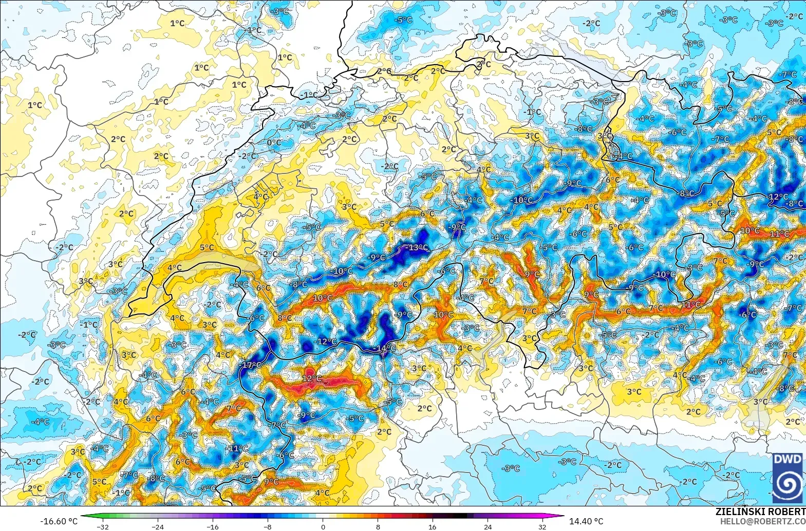 ICON Alemania 2 km modelo - Suiza, Anomalía de temperatura a 2 m