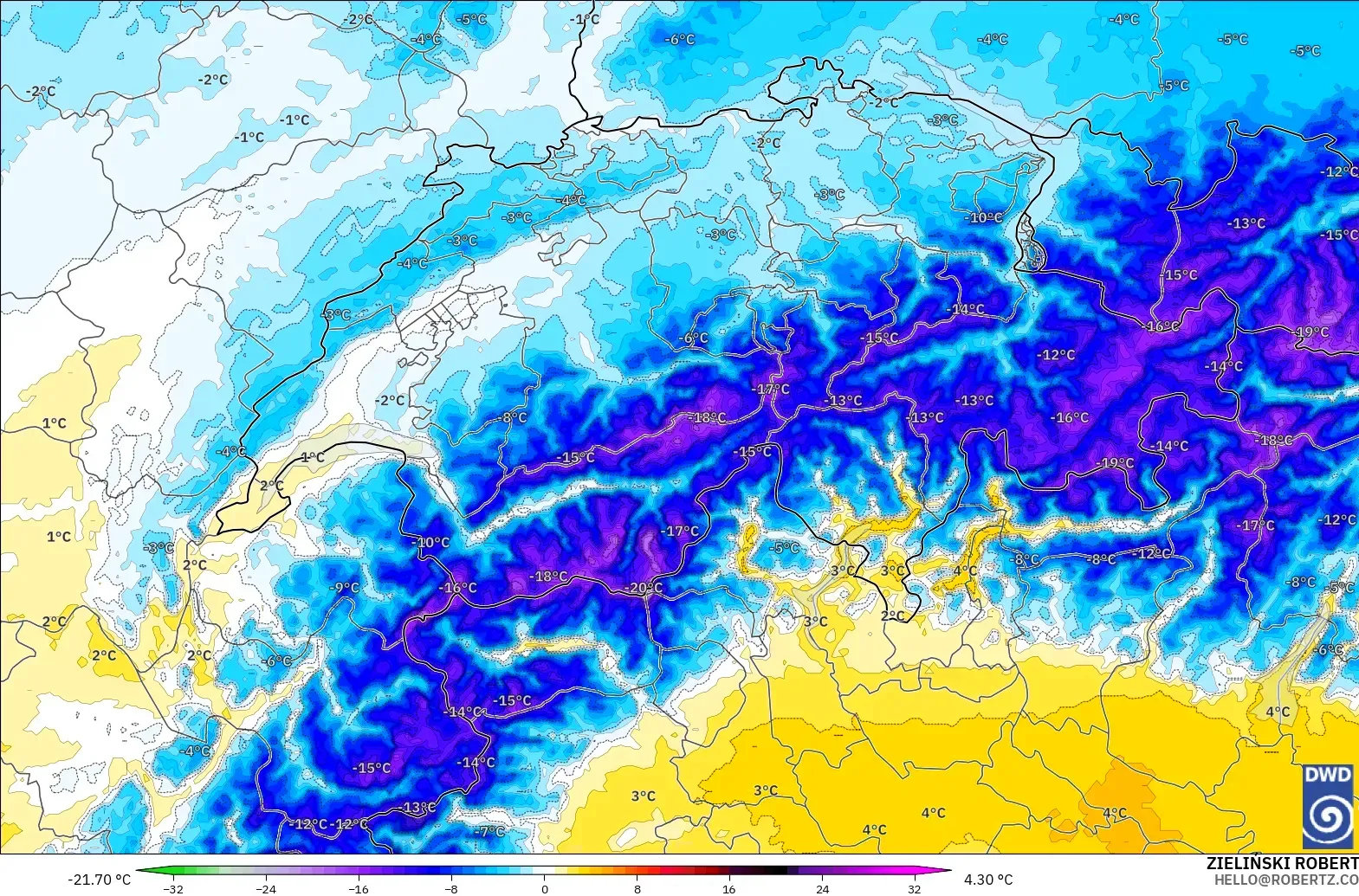 ICON Alemania 2 km modelo - Suiza, Anomalía de temperatura a 850 hPa