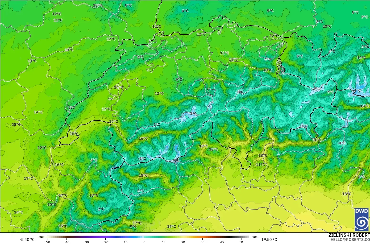 ICON Alemania 2 km modelo - Suiza, Temperatura a 850 hPa