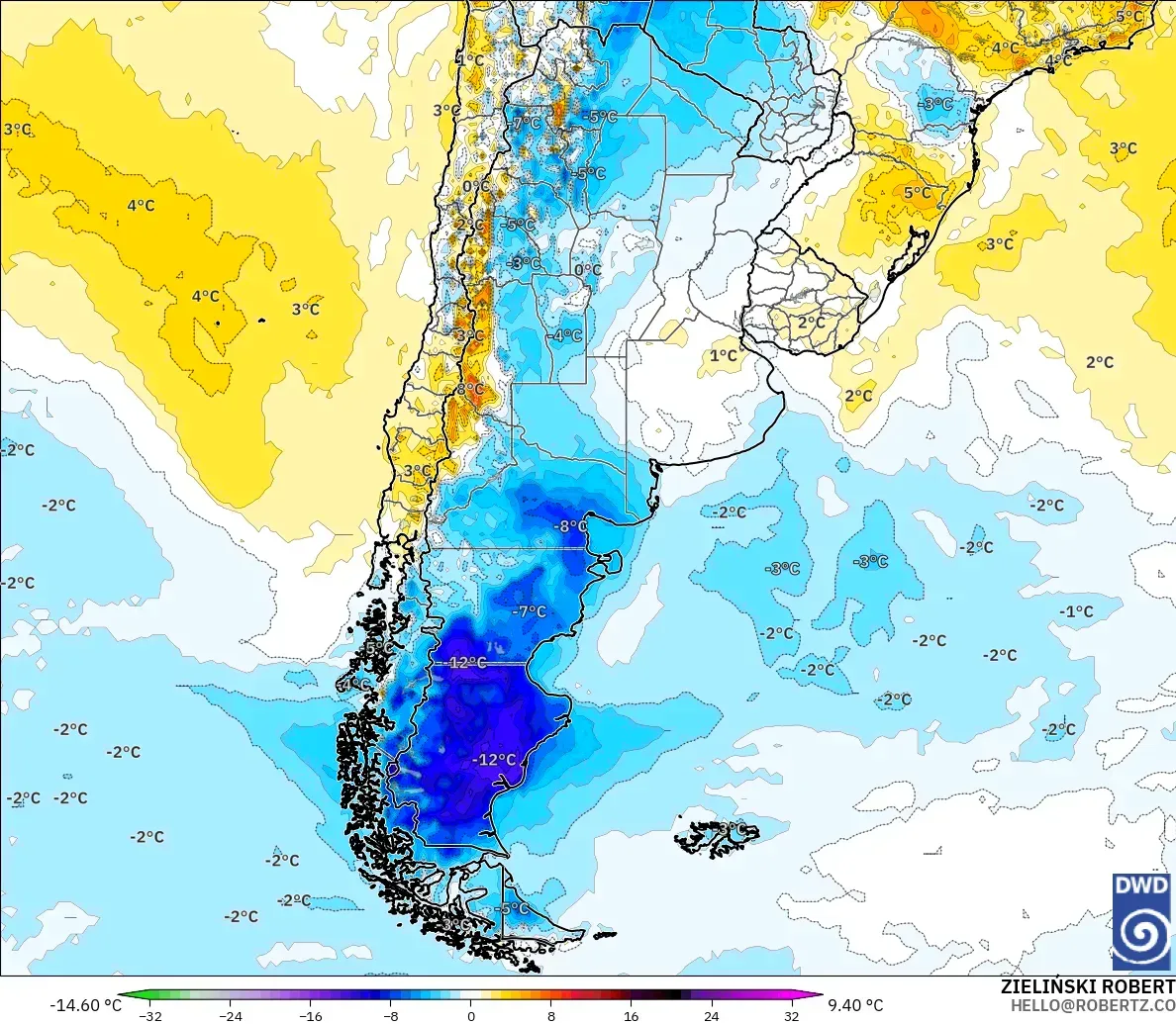 ICON modelo - Argentina, Anomalía de temperatura a 2 m