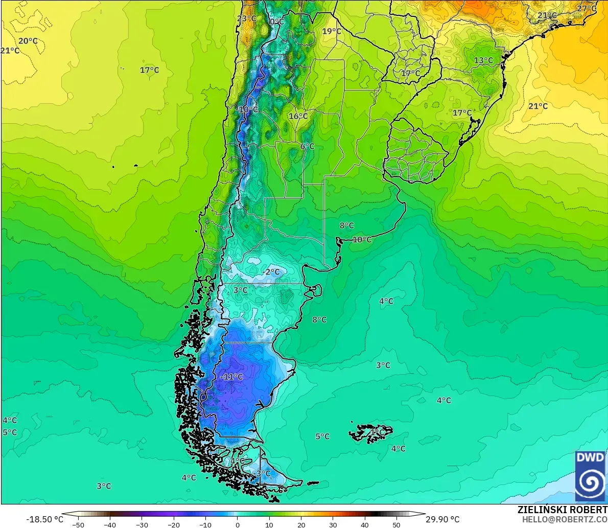 ICON modelo - Argentina, Temperatura a 2 m