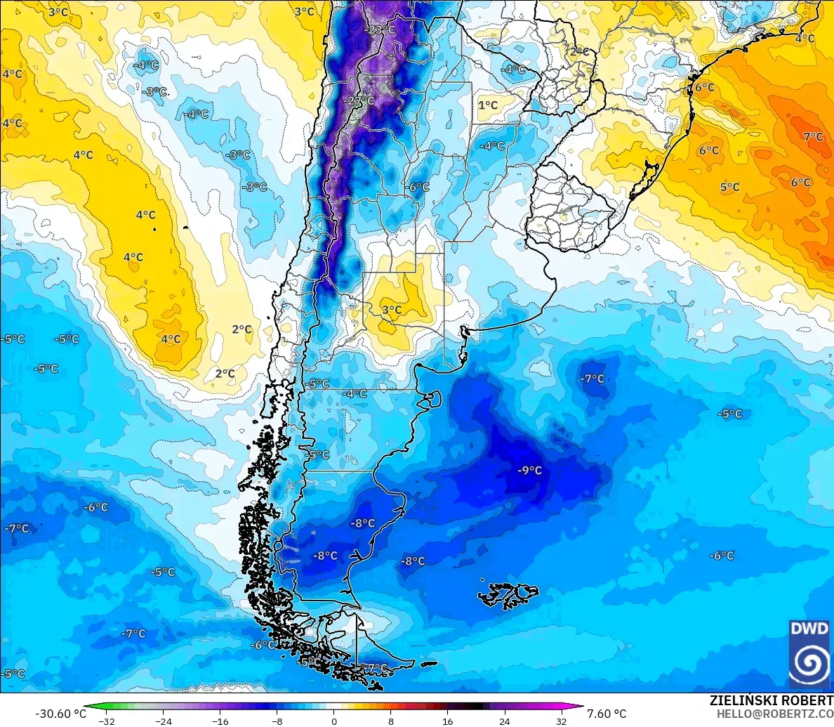 ICON modelo - Argentina, Anomalía de temperatura a 850 hPa