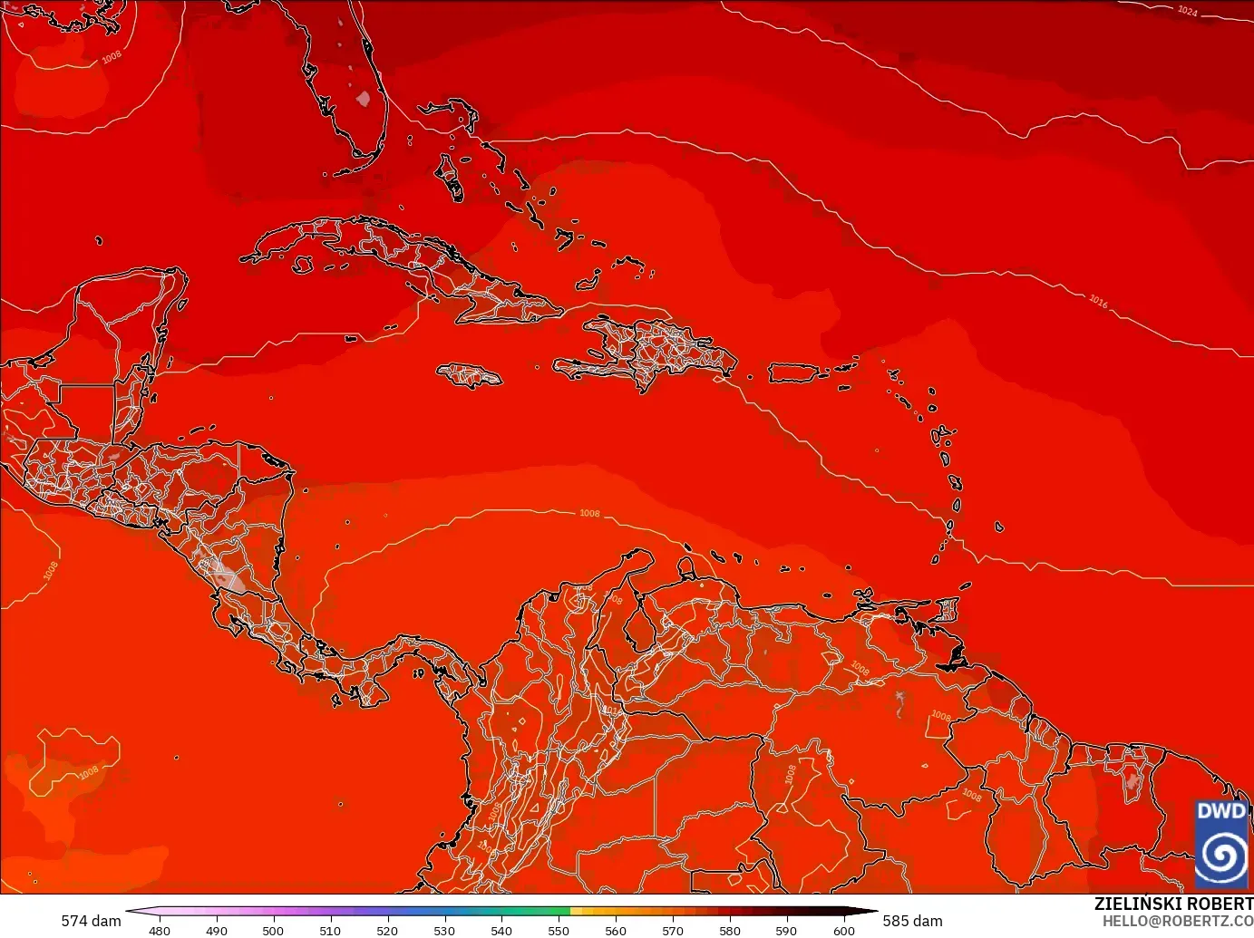 ICON modelo - Caribe, Altura geopotencial a 500 hPa
