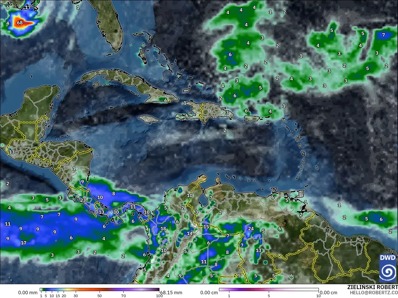 ICON modelo - Caribe, Precipitación, nubes y presión