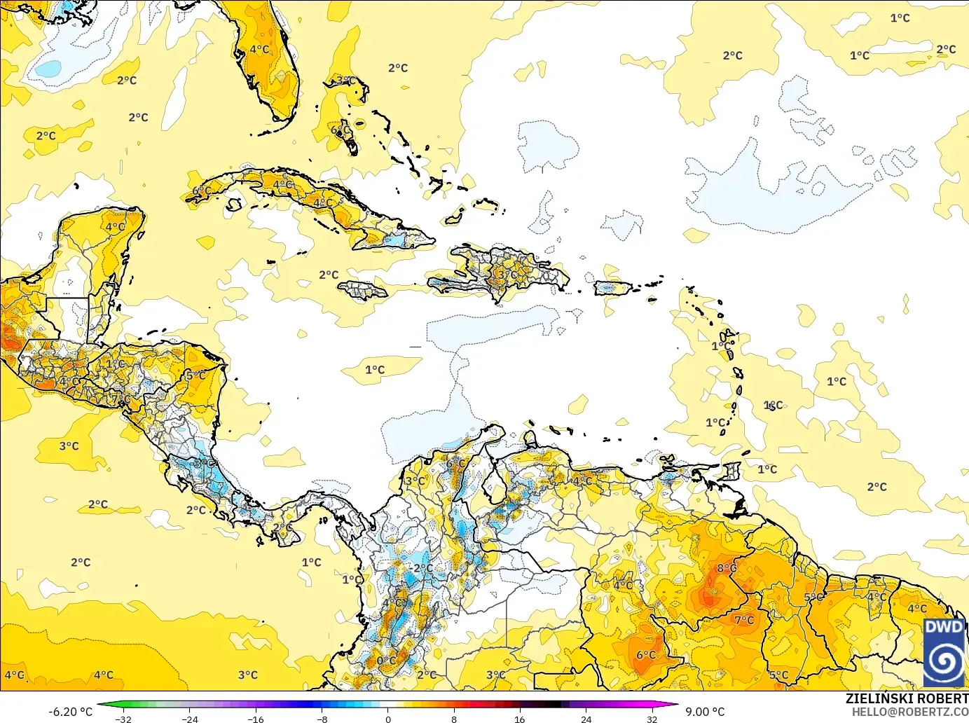 ICON modelo - Caribe, Anomalía de temperatura a 2 m