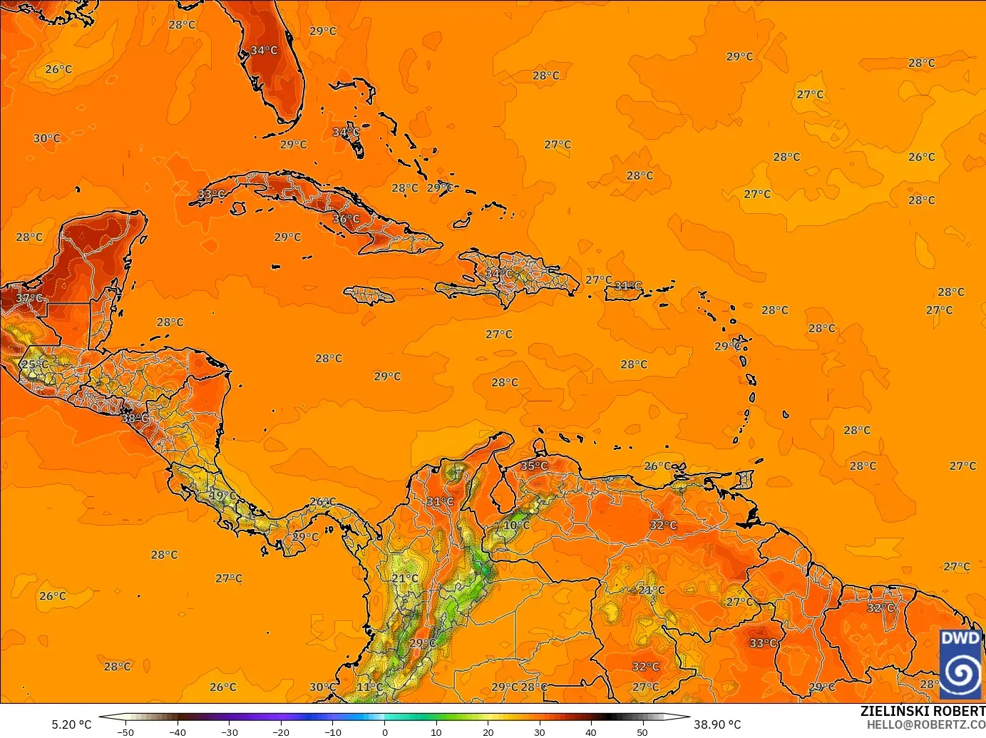 ICON modelo - Caribe, Temperatura a 2 m