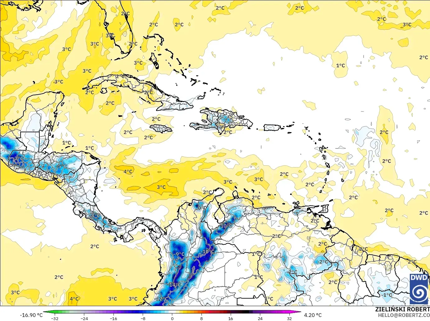 ICON modelo - Caribe, Anomalía de temperatura a 850 hPa