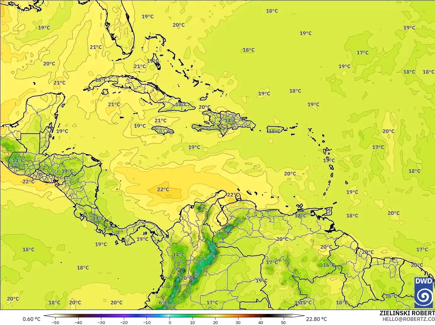 ICON modelo - Caribe, Temperatura a 850 hPa
