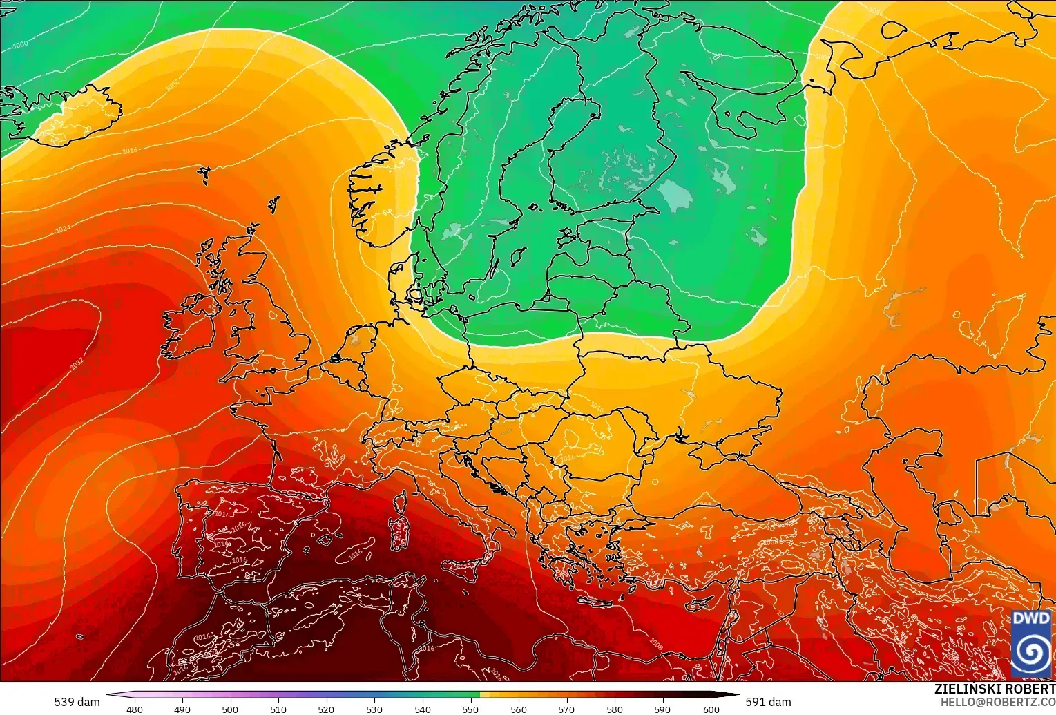 ICON modelo - Europa, Altura geopotencial a 500 hPa