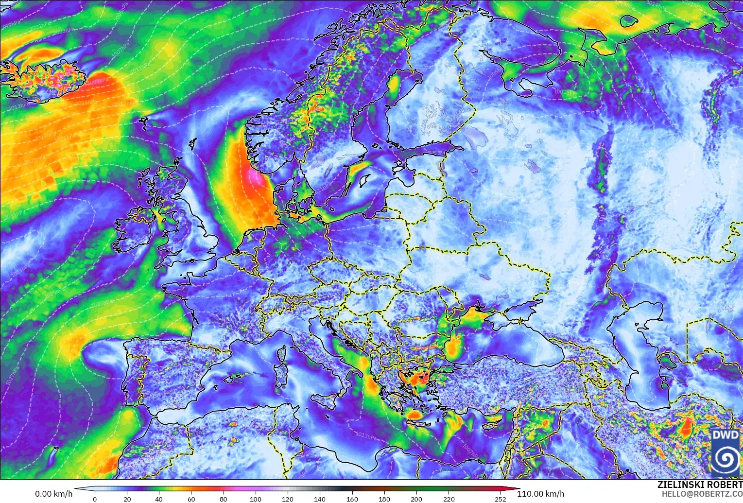 ICON modelo - Europa, Ráfagas de viento