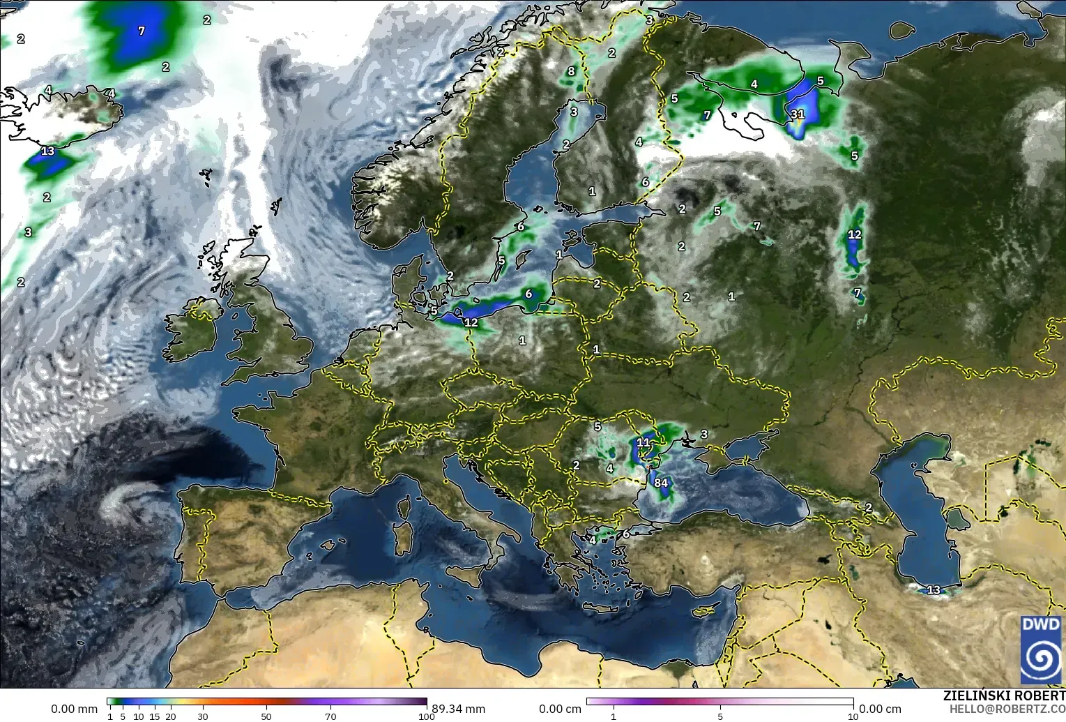 ICON modelo - Europa, Precipitación, nubes y presión