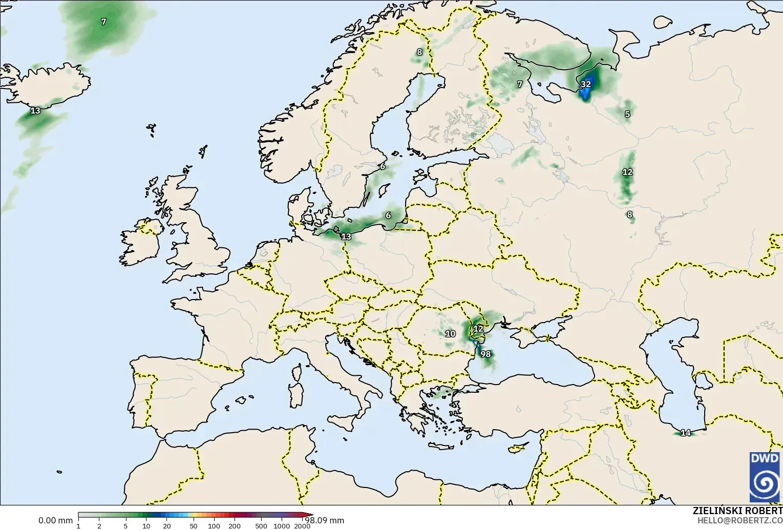 ICON modelo - Europa, Acumulación de precipitación