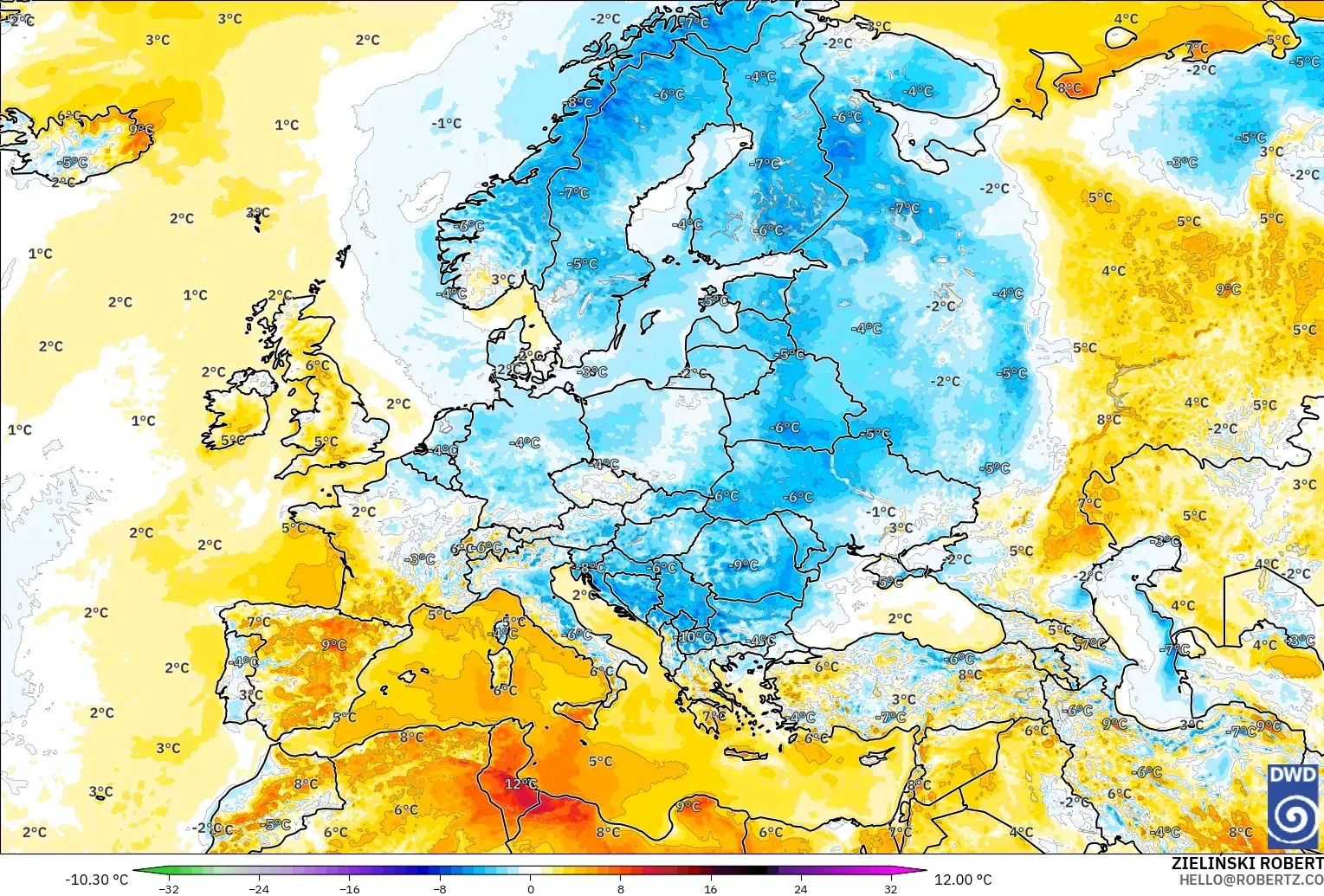 ICON modelo - Europa, Anomalía de temperatura a 2 m