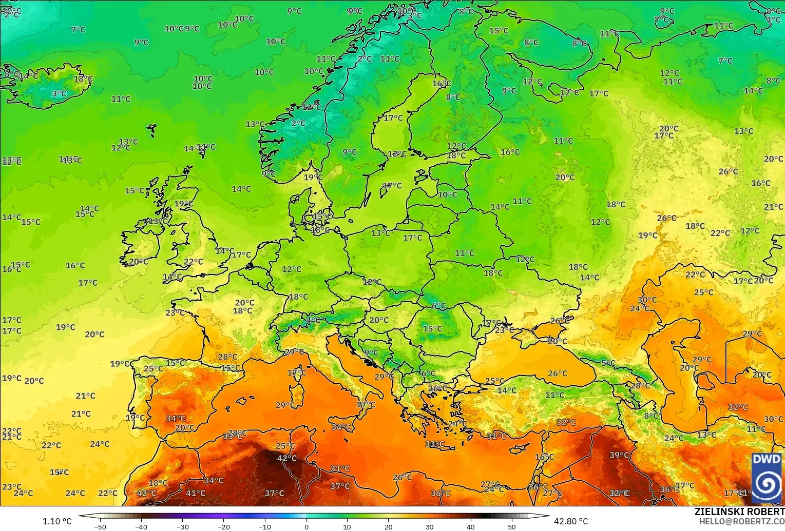 ICON modelo - Europa, Temperatura a 2 m