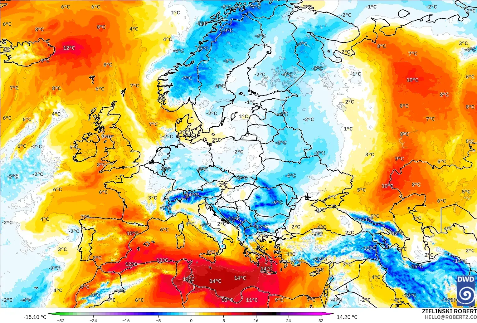 ICON modelo - Europa, Anomalía de temperatura a 850 hPa