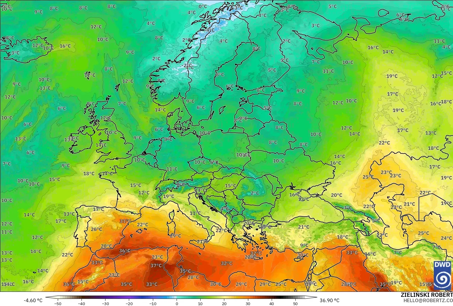 ICON modelo - Europa, Temperatura a 850 hPa